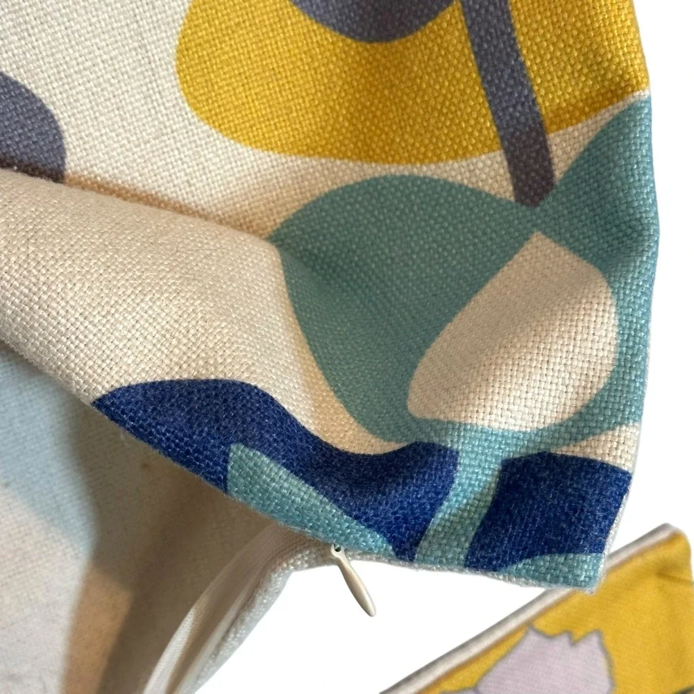 Scandi Modern Pillow Cover Set of Four Floral Bird Pillow Cotton Linen Retro MCM
